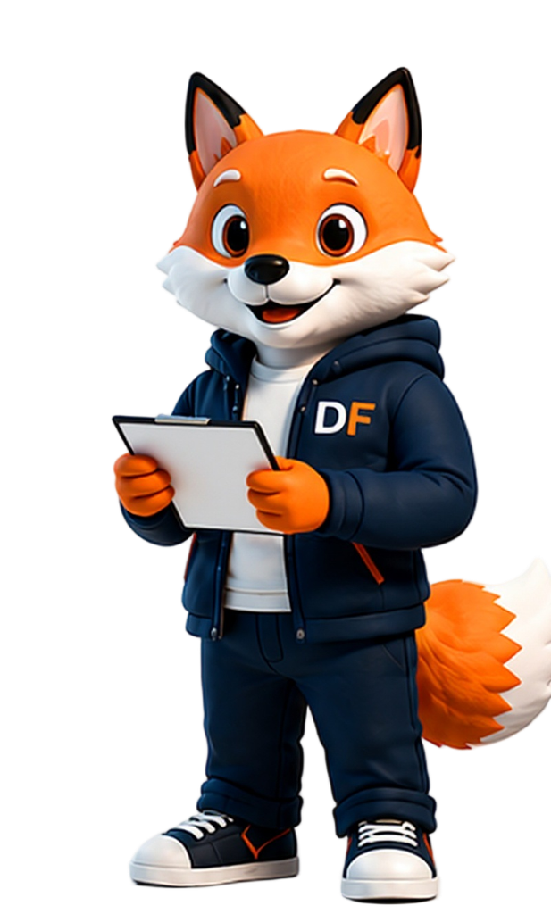 Dossi the fox checking a clipboard