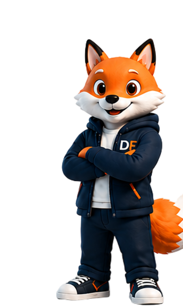 Dossi, the DossFox mascot, standing confidently with arms crossed